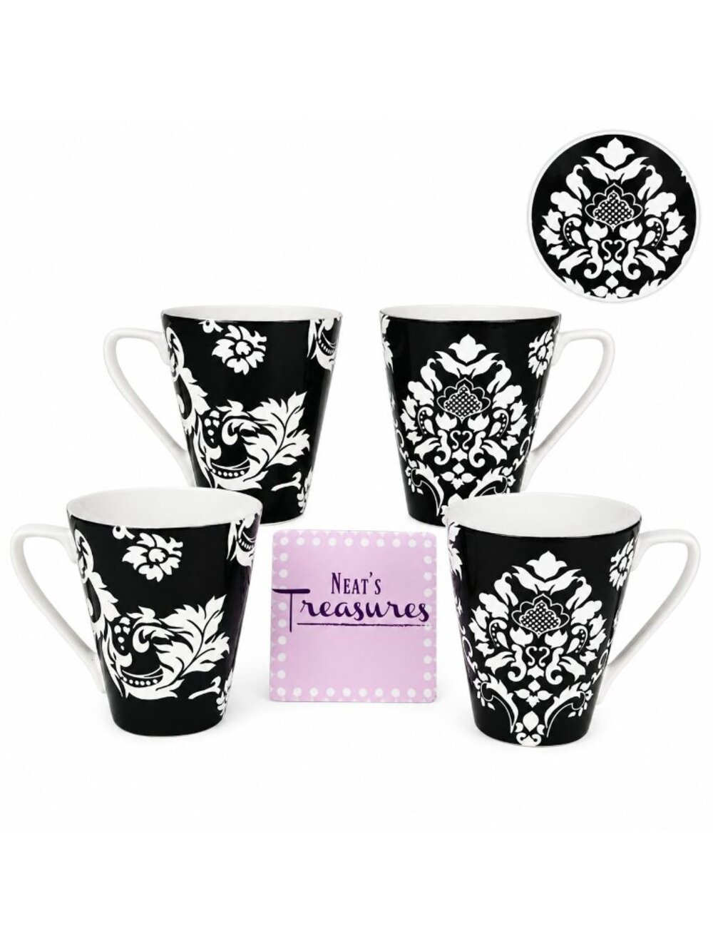 Home Target DAMASK Black White Scroll Floral Stoneware Flare 14oz Cup Mug Set 4